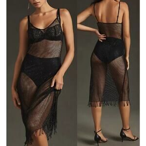Anthropologie Sleeveless Mesh Fishnet Fringe Hem Midi Beaded Dress Black Small